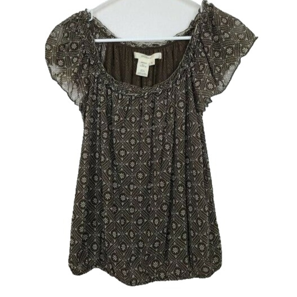 VTG Y2K Studio M Fairy BOHO Top Womens Large Brown Floral Ruffle Short Sleeve